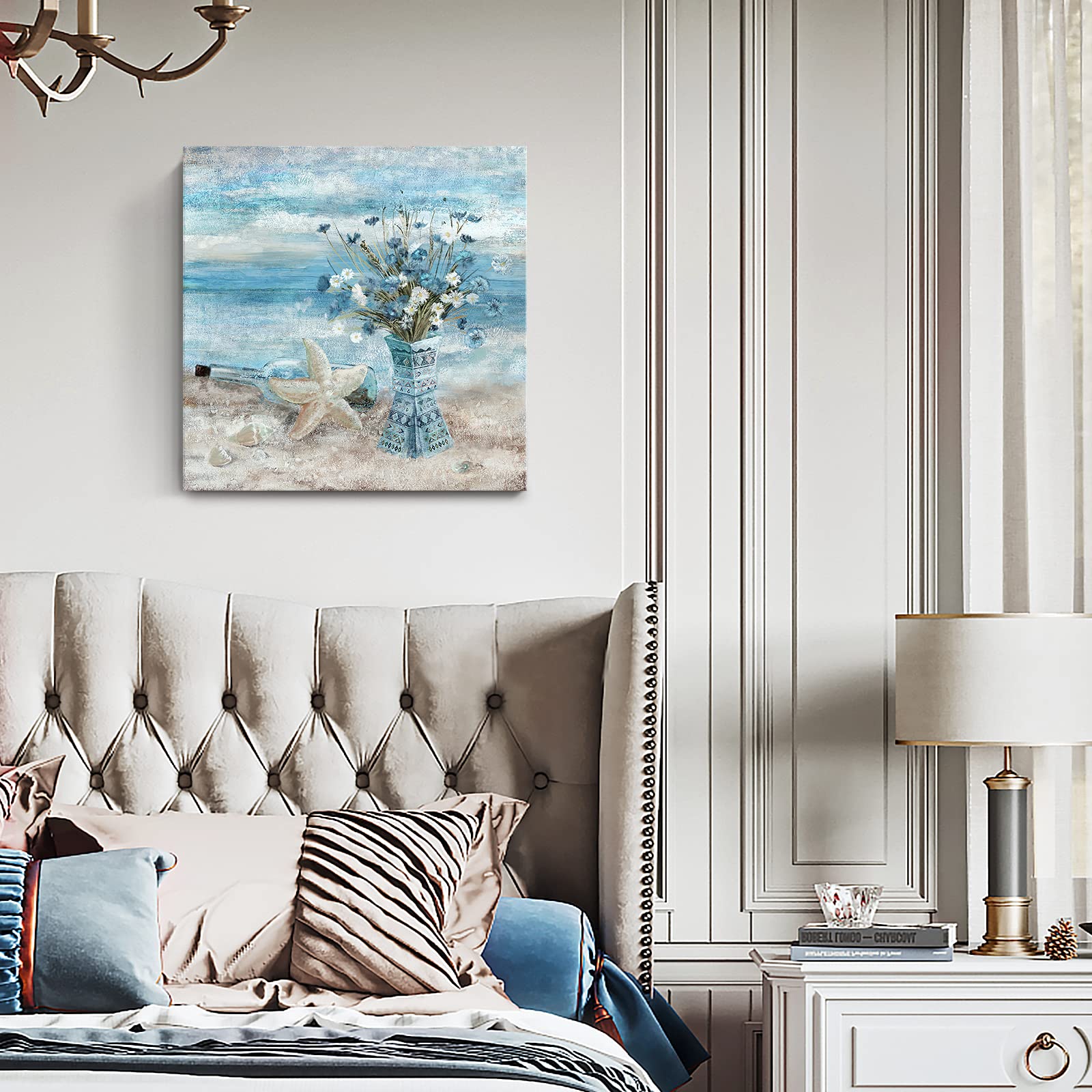 Beach Wall Art for Living Room Blue Ocean Theme Canvas Print Modern Abstract Coastal Picture Seascape Painting Daisy Flower in Indian Vase Framed Artwork for Seaside Bedroom Bathroom Office 24x24inch